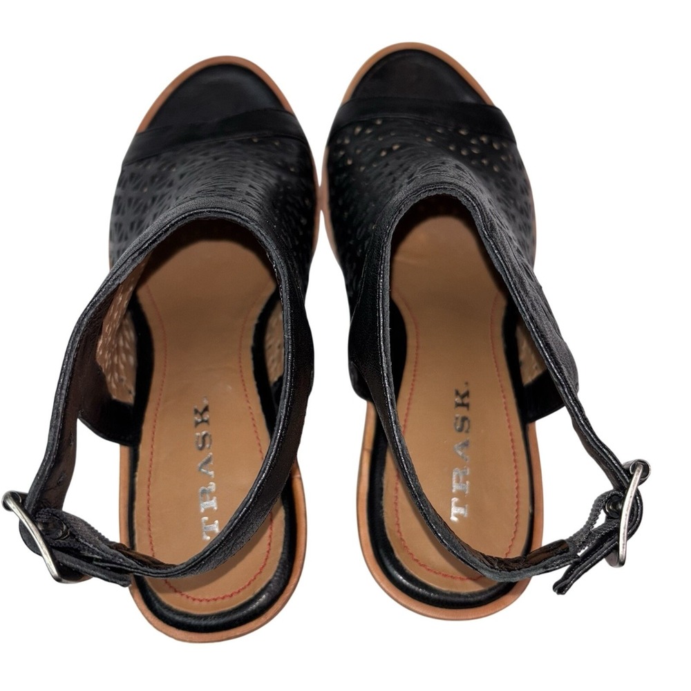 New Block Heel Leather Sandals Trask Womens 7.5 Black Leather Laser Cut NWOT - Picture 4 of 9